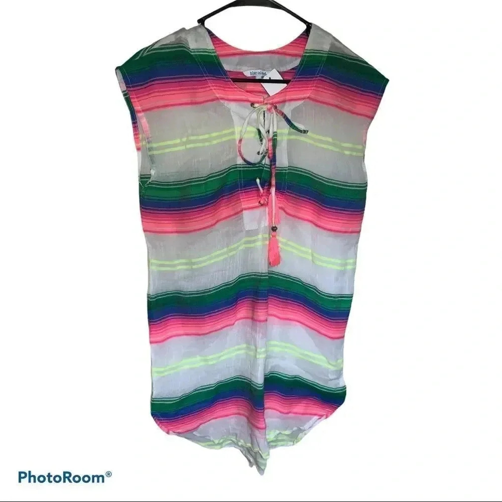blue island Neon Pink & Green Striped Women’s Swim Cover-Up